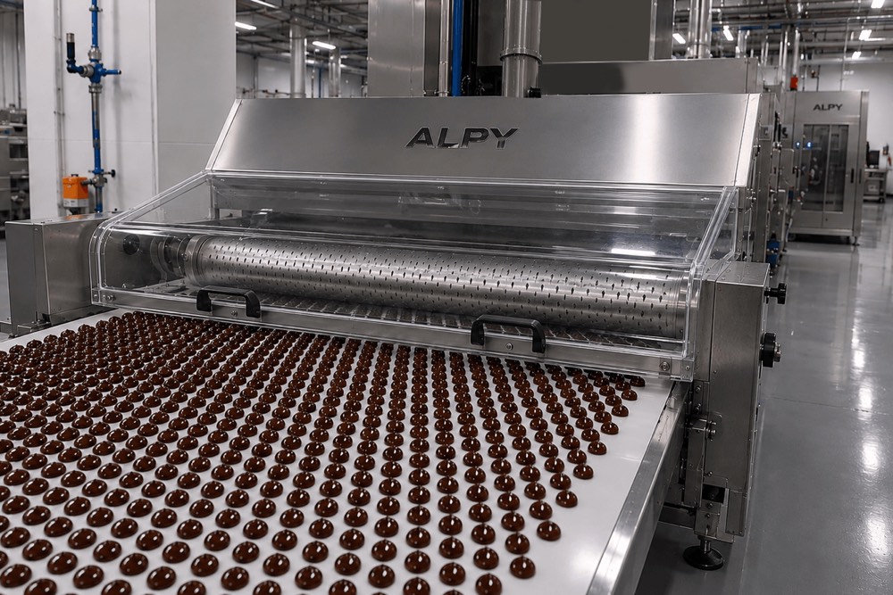 Alpy rotary drop line depositing chocolate buttons