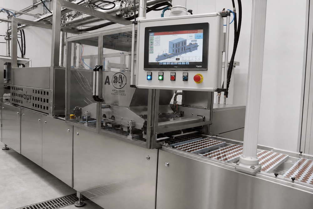 Alpy PLC touchscreen control panel on a chocolate production line