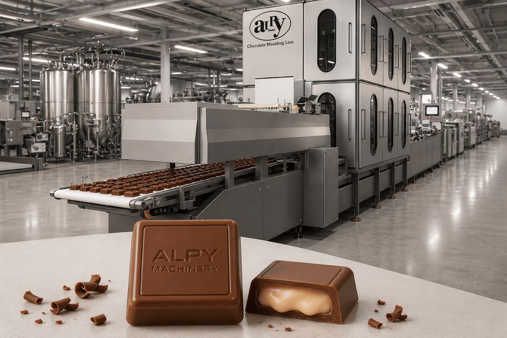 Alpy chocolate moulding line with moulded bars on the conveyor